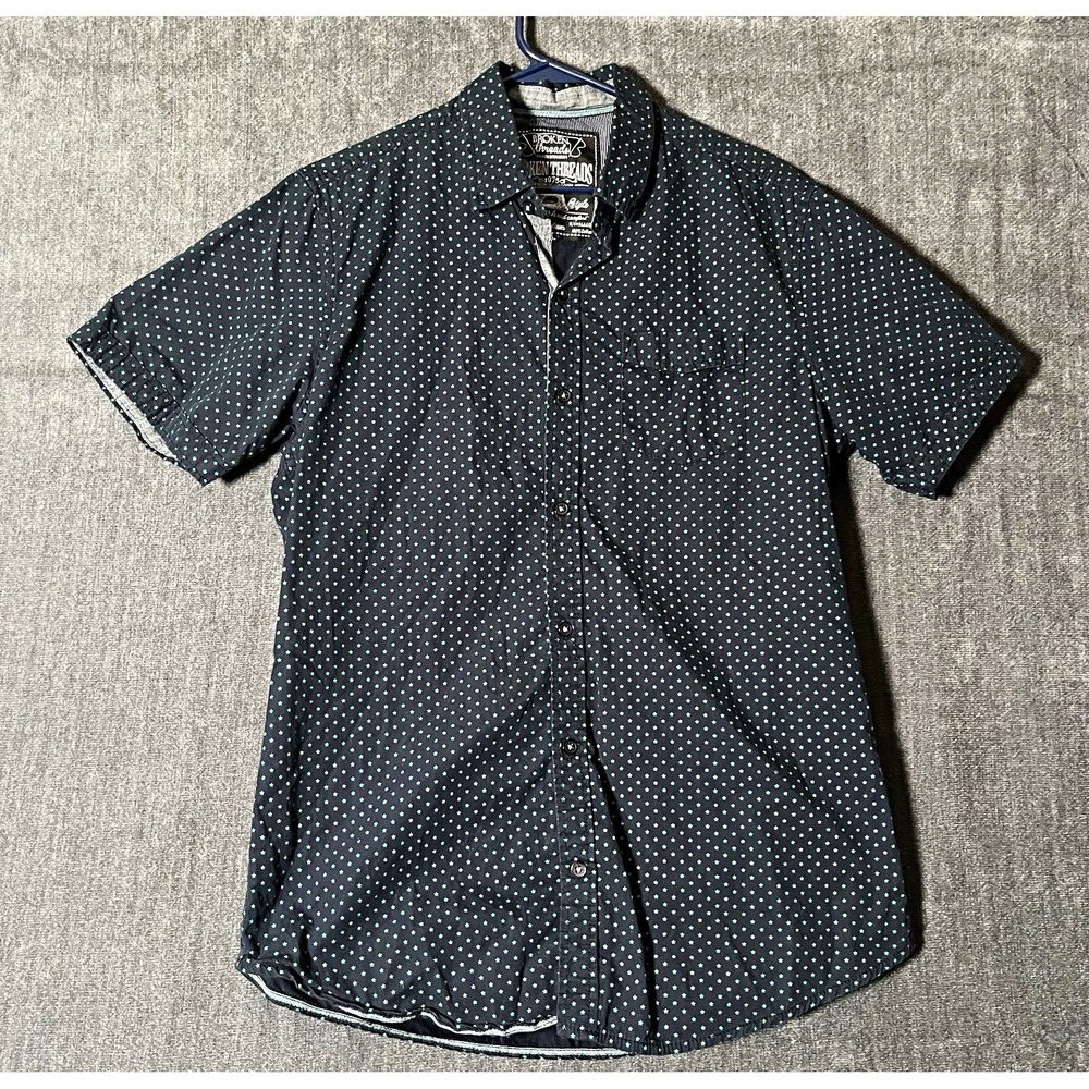 Broken Threads Shirt Mens M Black Green Star Print Short Sleeve Button Up Cotton
